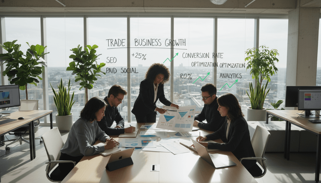 Marketing consultant in conversation with a local business owner at a bright office